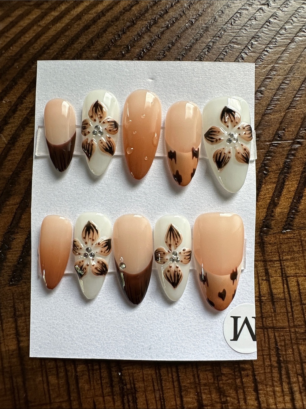 Peach & Cream Floral Press-On Nails with Brown Accents